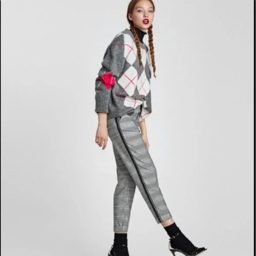 Zara Side Stripe‎ Black White Plaid Cropped Trouser Pants Womens Size Medium